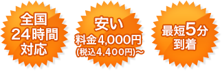 全国24時間対応　安い料金5,000円（税込5,500円）~　最短5分到着